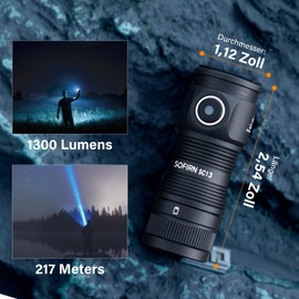 Sofirn SC13 Mini Taschenlampe Led Aufladbar, 1300 LM Taschenlampe Klein, Led Taschenlampe Extrem Hell mit 5 Modi, IP68 Wasserdichte EDC taschenlampe für Camping, Wandern, Notfäll, Outdoor Taschenlampe