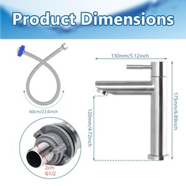 REFORUNG Cold Water Tap Stainless Steel Cold Water Tap Washbasin Tap Cold Water 175 mm Bathroom Tap Washbasin Mixer Tap Single Lever Tap with 60 cm Connection Hose for Guest Toilet Bathroom
