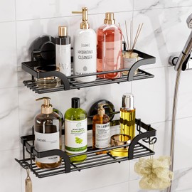 TAILI Shower Caddy Suction Cup 2 Pack Shower Shelves Suction Heavy Duty Bathroom Shower Organiser No Drilling Shower Shelves for Indoor Shower Stainless Steel Black