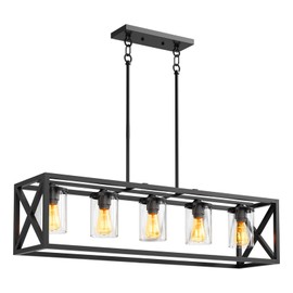 GAOMON Dining Room Glass Lights, Living Room Pendant Lights, 5 Head Height Adjustable Farmhouse Light fixtures, Bedroom and Kitchen Island Chandeliers