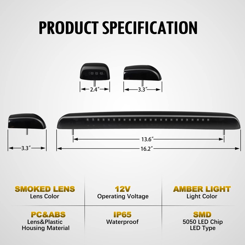 Partsam 3Pcs Smoked Lens Amber Cab Marker Lights Replacement for