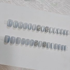 Nail Tip, Short, 24 Pieces, Nail Tip, False Claws, Cat's Eye, Blue, Diamond, 3D Nail Sticker, Popular, Japanese Style, Cute, Simple, Fashionable Party, Nail Tip, Autumn, Spring, Summer, Bride Nail,