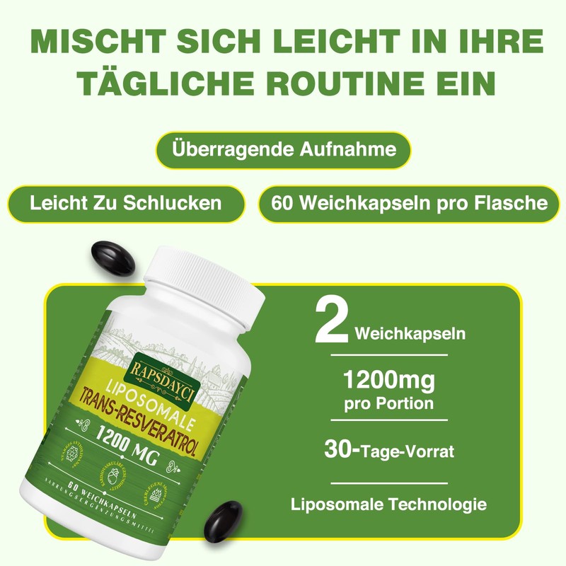 1200 mg Liposomal Trans-Resveratrol, High Dosage, Pure Formula with 98%,