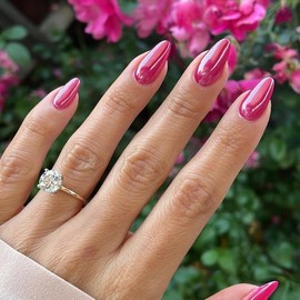 Chrome Hot Pink False Nails Medium, SXVME Chrome Pink Press On Nails Almond, Glazed Gel Fake Nails Press on, Cute Glitter Acrylic Nails Medium Round, Stick on Nails for Women Nail Art