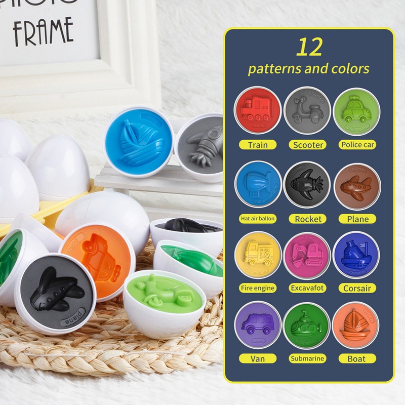 12Pcs Matching Eggs Color Vehicle Shape Recognition Early Learning Educational