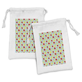 Ambesonne Autumn Fabric Pouch Set of 2, Dry and Fallen Maple Leaves Illustration on Fresh Toned Background Print, Small Drawstring Bag for Toiletries Masks and Favors, 9" x 6", Pale Blue and Yellow