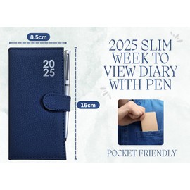 BESTUS - 2025 Slim Diary with Pen, Week to View, Hardback Cover, Portable & Ideal for Weekly Planning Pen Holder with Stud Close - Blue