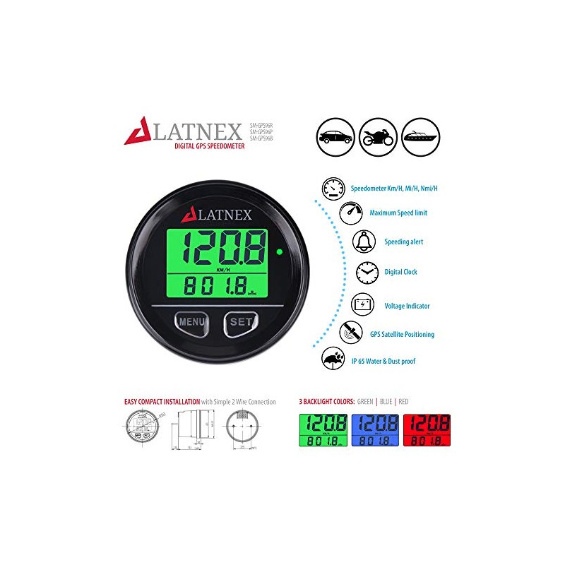 GPS Speedometer Waterproof with 3 Backlight Colors & Resettable Odometer.