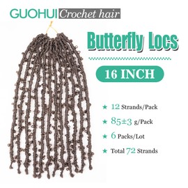 GUOHUI Butterfly Locs Crochet Hair 16 Inch 6 Packs Color Dark Brown All Handmade Pre-Looped Distressed Faux Locs Braids for Women Kids (16",4#)