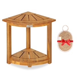 VICTORY RELAX Acacia Corner Shower Stool, Waterproof Spa Foot Rest & Bath Bench with Storage Shelf & Soap Dish, Ideal for Bathroom, Shaving Legs, or as Small Corner Table/Step Stool (Natural)