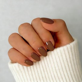 SXVME Uñas postizas cortas de gel suave, 32 piezas, 16 tamaños, color marrón claro transparente, ovaladas, reutilizables, con pegamento, almendra natu