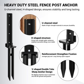 2 Pack Fence Post Anchor Kit, Heavy Duty Steel Fence Post Repair Stakes, Post Anchor Ground Spike for Repairing Tilted Broken Wood Support, Black