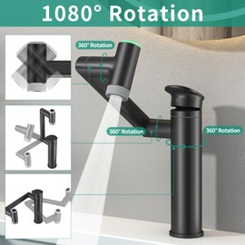 HEROBAI Modern Bathroom Faucet 1 Hole with Temperature Display(Batteries-Free), 1080° Rotatable Single Hole Bathroom Faucet, Single Handle Bathroom Vanity Faucets, 2 Spray Modes (Matte Black)