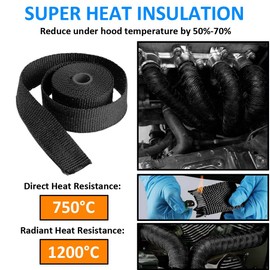 LKRXW Black Exhaust Heat Wrap 1" x 16 Feet Motorcycle Exhaust Header Pipe Wrap Fiberglass Heat Shield Tape Car Manifold Insulation Thermal Protection with 6pcs Stainless Ties