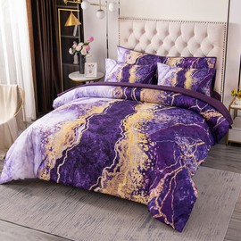 PERFEMET Watercolor Marble Pattern Comforter Sets Purple Tie Dye Bedding Set King Size 3D Printing Bed-in-A-Bag, Stylish Retro Artwork Quilt Set Bed Collections 6 Pieces(Purple,King Size)