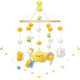 Baby Crib Mobile with Bees, Flowers, and Leaves, Crib Nursery Mobile for Baby Nursery Decor Soothe BabyShower Set for Infant Bedroom Hanging Decoration (Yellow bee)