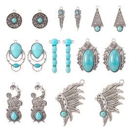 Spritewelry 16Pcs 8 Styles Western Charms for Jewelry Making Vintage Turquoise Charms Antique Silver Tibetan Style Pendants for Women Men Bohemian Earring Necklace Making DIY Crafts, Feather-16pcs, Metal, No Gemstone