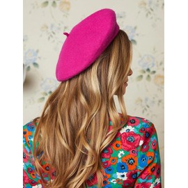 Women French Wool Beret Hats - Solid Color Classic Beanie Winter Cap (Rose red)