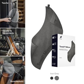 STRYVE Microfibre Sports Towel - The Original - Towell+ Micro - Iron Grey - 105 x 42.5 cm - Bag & Slip Protection - Compact, Lightweight & Absorbent - Ideal Towel for Gym & Travel
