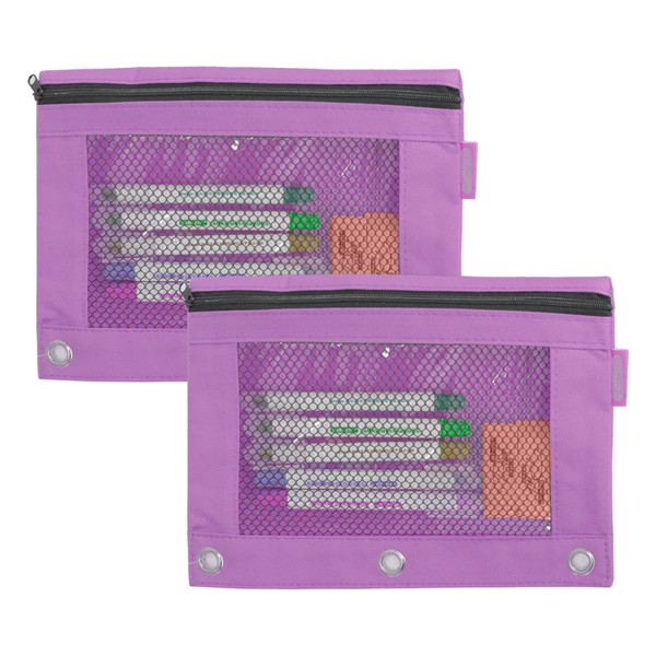BAZIC Pencil Pouch 3 Ring Binder Pouch, Rivet Enforced Ring Hole, Mesh Window Zipper Case, Pastel Purple, 2-Pack