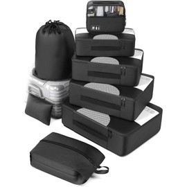 Suitcase Organiser Set, 8-Piece Packing Cubes, Clothes Bags, Packing Bags Set for Holidays and Travel, Travel Packing Cubes with Clothes Bags, Shoe Bag, Organiser System for Suitcases, Black