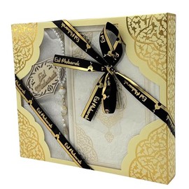 Modefa Luxury Eid Saeed Gift Box Set, Prayer Mat, Quran and Prayer Beads, with Black and Gold Ribbon (White)