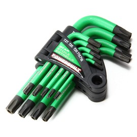 Powerbuilt L-Type Tamper Proof 9 Piece Wrench Set, Short Arm Torx Star Key, Non-Slip Handle, Hex Ball End, Holder - Green 941071