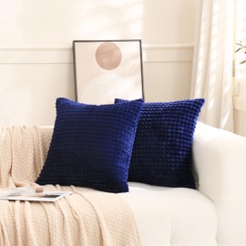 Puncuntex Set of 2 Decorative Navy Blue Throw Pillow Covers 22×22 Inch,Super Soft Plush Flannel Fleece Pillowcase Fluffy Cozy Plaid Texture Cushion Cover for Couch,Sofa,Farmhouse,Living Room