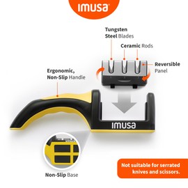 IMUSA Knife Sharpener – Kitchen Knife Sharpener with 3-Stage Stainless Steel Blade Sharpener Design – Easy to Use, Ergonomic Manual Knife Sharpening Kit with Non-Slip Base (Yellow)