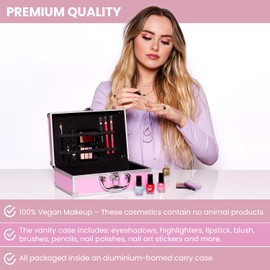 LOVE URBAN BEAUTY Hot Pink Makeup Vanity Case – 82-pcs Vegan Makeup Kit for Teens and Women with Eyeshadow, Blusher, Lipsticks and Nail Products – Fun Travelling Makeup Vanity Case for Girls