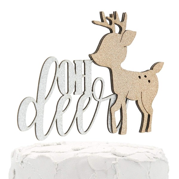 NANASUKO Baby Shower Cake Topper - oh deer - Double Sided Silver Glitter with Champagne Buck - Premium Quality Made in USA
