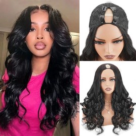 Mamushow Pelucas con parte en V, cabello humano, ondas corporales, 18 pulgadas, pelucas mejoradas sin pegamento con parte en U y cordón elástico, dens