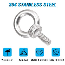 Eye Bolt M8, 6 Pieces 304 Stainless Steel Eye Bolts, Eye Bolt Ring Round, Eye Bolt Round Ring Bolts, Male Thread Ring Bolt Hardware Eye Bolts for Roll of Fixing and Hanging