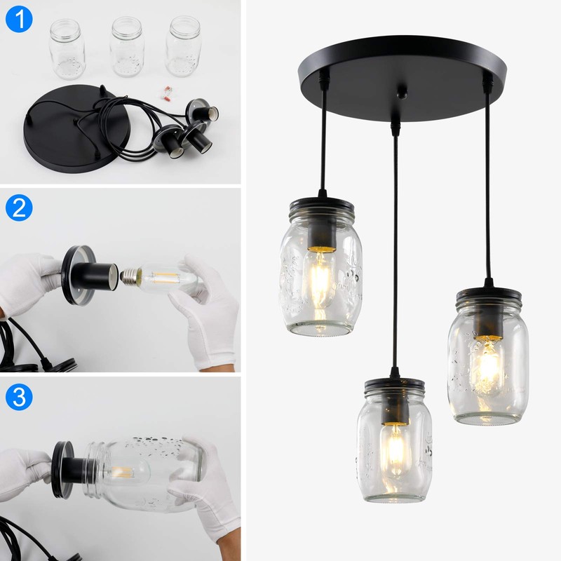 UShe DHome Mason Jar Light Fixtures, 3 Lights Farmhouse Mason