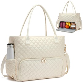 AHHZOOPLL 2-in-1 Lunch & Laptop Tote Bag｜15.6" Work Bags for Women｜Water-Resistant Polyester Casual｜Insulated Leakproof Lunch Compartment｜Teacher Nurse Bag｜Laptop Briefcase for Office Travel｜Beige