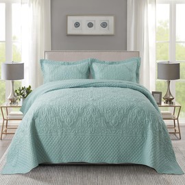 NEWLAKE Quilt Bedspread Set, Light Green Jacquard Embossed Floral Pattern Reversible Embroidered Microfiber Coverlet Sets, King Size