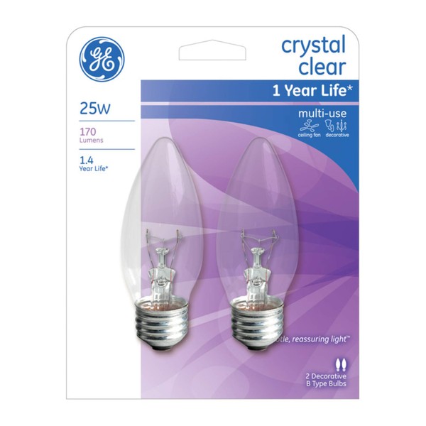GE 25 Watt B Type Crystal Clear Multi-Use Light Bulbs 170 Lumens 2-Pack - 76384