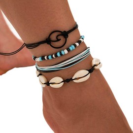 Cubahop 4PCS Layered Beach Weave Rope Shell Anklets Blue Bead Ankle Bracelets Wave Summer Foot Accessories Jewelry for Women and Girls