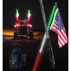 Xprite 2PC 4FT Green White Red Spiral LED Whip Lights with Built-in Spring Base, Safety Lighted Antenna Whip w/American Mexico Flag, Compatible with SXS ATV UTV Polaris RZR Truck Jeep