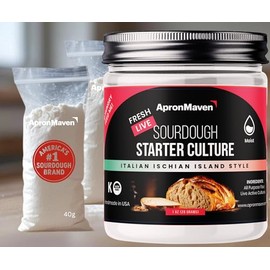Apron Maven Sourdough Starter Culture Live with Pre-Measured Flour for First Feeding - Just Add Water - Sourdough Bread Baking Supplies - Easy Sourdough Starter Kit - Italian Ischian Island Style Sour Dough - 100+ Years Old