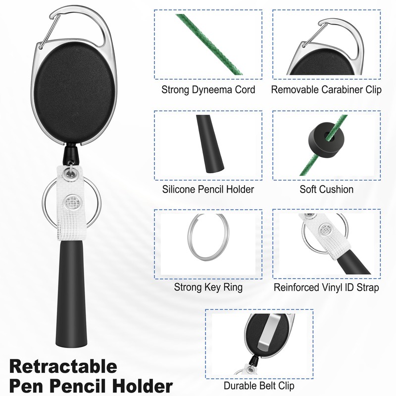 4 Pack Retractable Pen Holder with 31.5" Dyneema Cord, Elastic