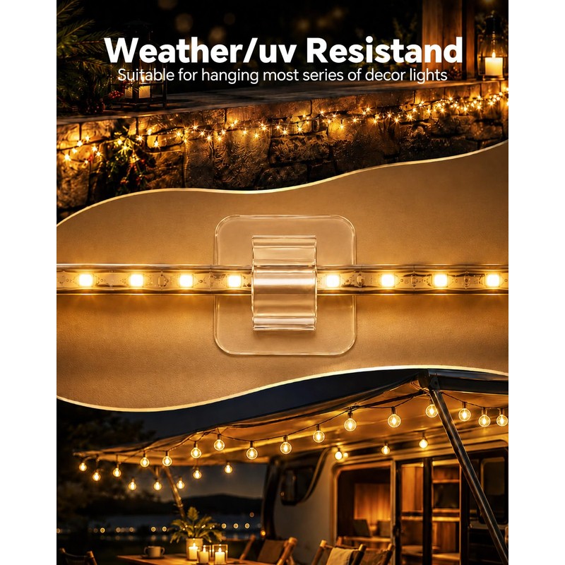 Hooks for Outdoor String Lights Clips, Clear Adhesive Strips, 50pcs