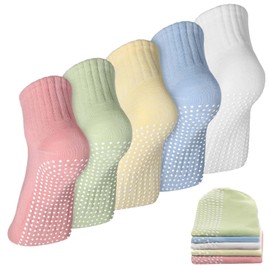 Geyoga 5 Pairs Womens Non Slip Socks Anti Skid Slipper Barre Socks with Cushion Unisex for Yoga Pilates Barre Home Workout(Elastic Band)