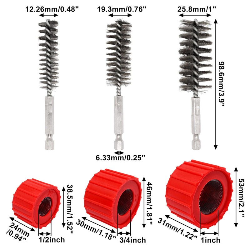 6pcs Set Bore Brush for Drill, 1/4" Hex Shank Stainless