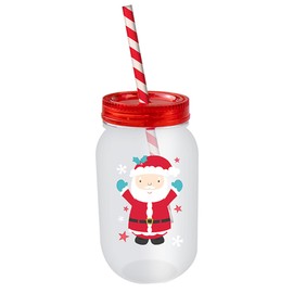 Widdle Gifts Christmas Mason Jar and Straw - Re-useable Sturdy Plastic Childrens Mason Jar with Re-useable Straw - Santa 5576