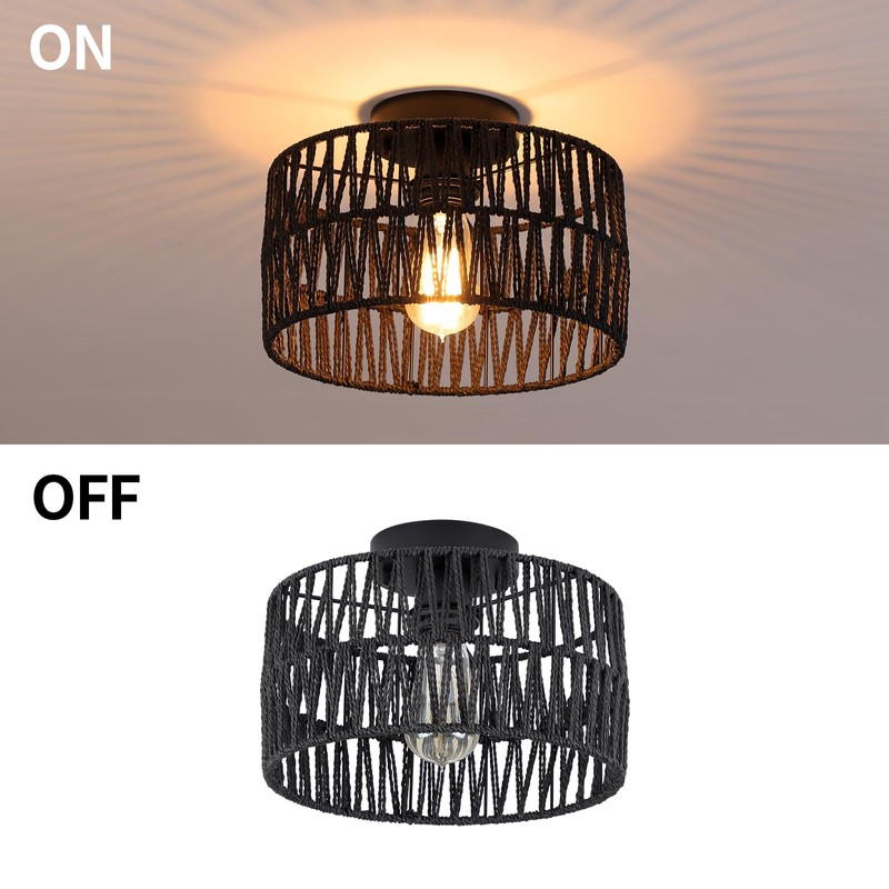 Hchunqjor Coastal Black Woven Flush Mount Light Fixture Rustic Industrial