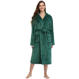 RONGTAI Womens Robes Plush Fleece Hooded Bathrobe Thick Nightgown with Pockets Fluffy Sleepwear, Emerald Green, Large