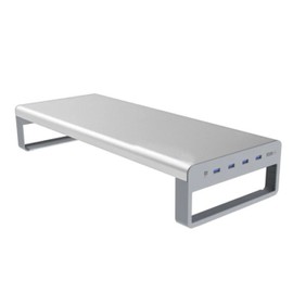OTM Essentials Slim Aluminum Monitor Stand, Desk Riser with Non-Slip Padding and Tilted Surface, Versatile Home Office Essentials, Equipped with 4 USB Ports