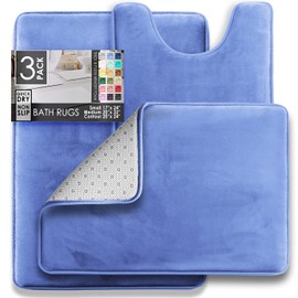 Clara Clark 3 Piece Bathroom Rugs Bath Mat Set, Velvet Memory Foam Bath Mats for Bathroom - Non-Slip, PVC Backing Bath Rugs, Washable Bathroom Rug Mats - Dries Quickly, Blue Bathroom Rug Set