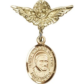 Gold Filled Baby Badge with St. Vincent de Paul Charm and Angel w/Wings Badge Pin 1 X 3/4 inches